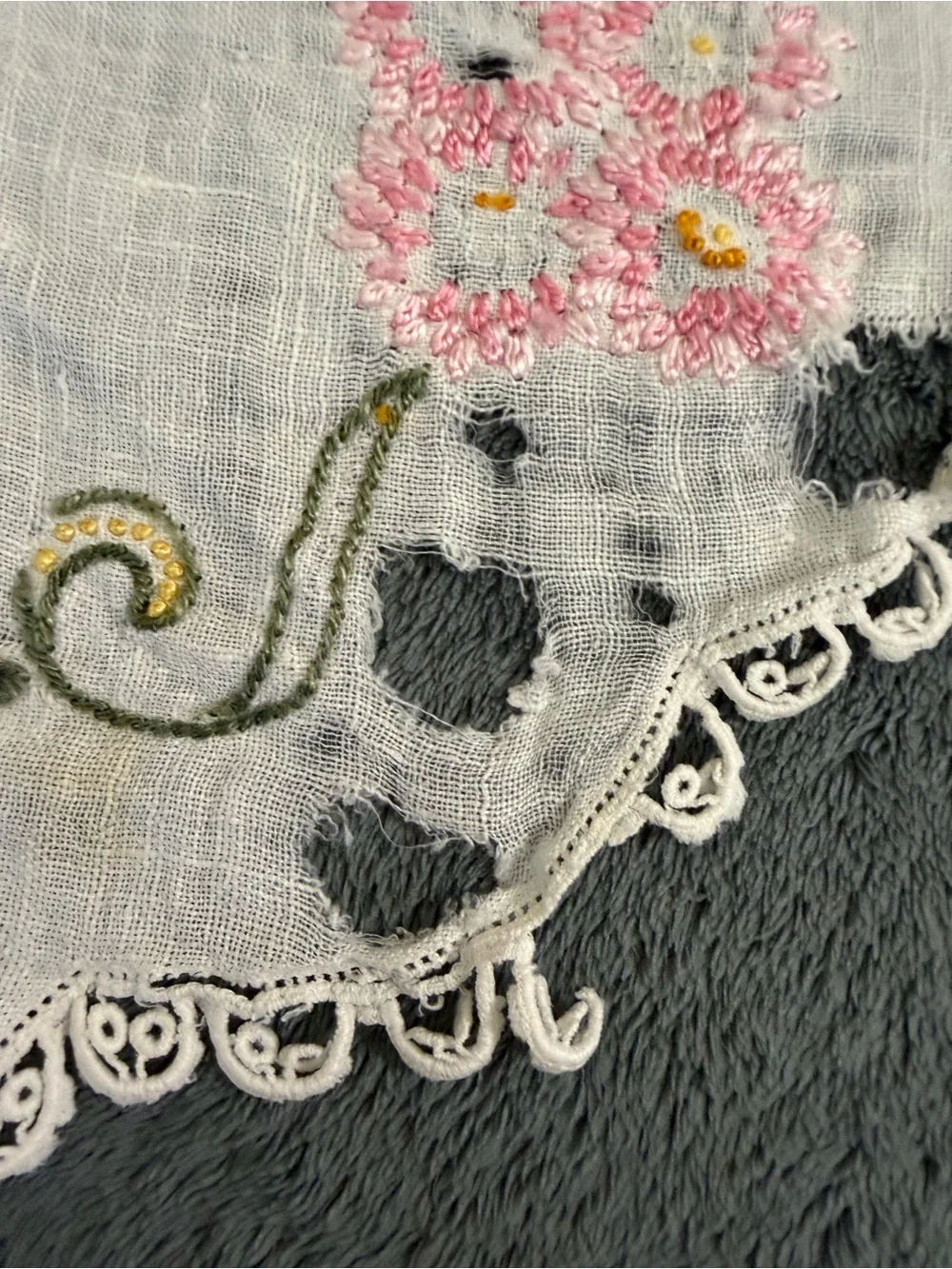 Vintage lot of 3 Hand-Embroidered doily, hand towel and round tablecloth